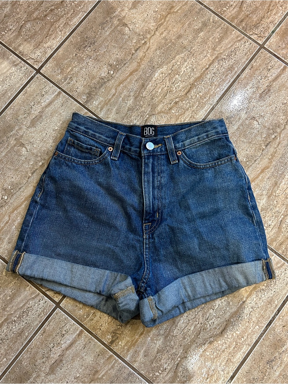 BDG High-Rise Rolled Hem Dark Blue Denim Shorts